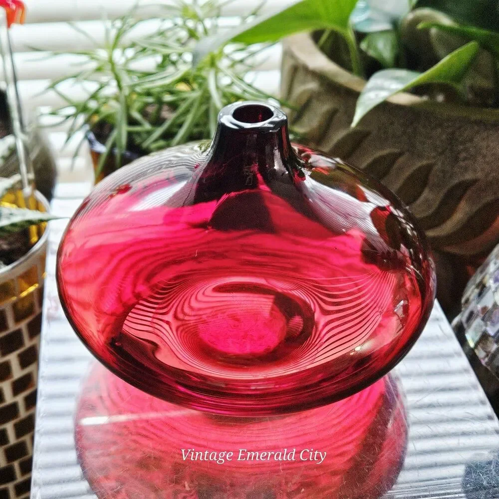 Vtg Ruby Cranberry Red Salong Hand Blown Glass Bud Vase Rounded Accent Piece